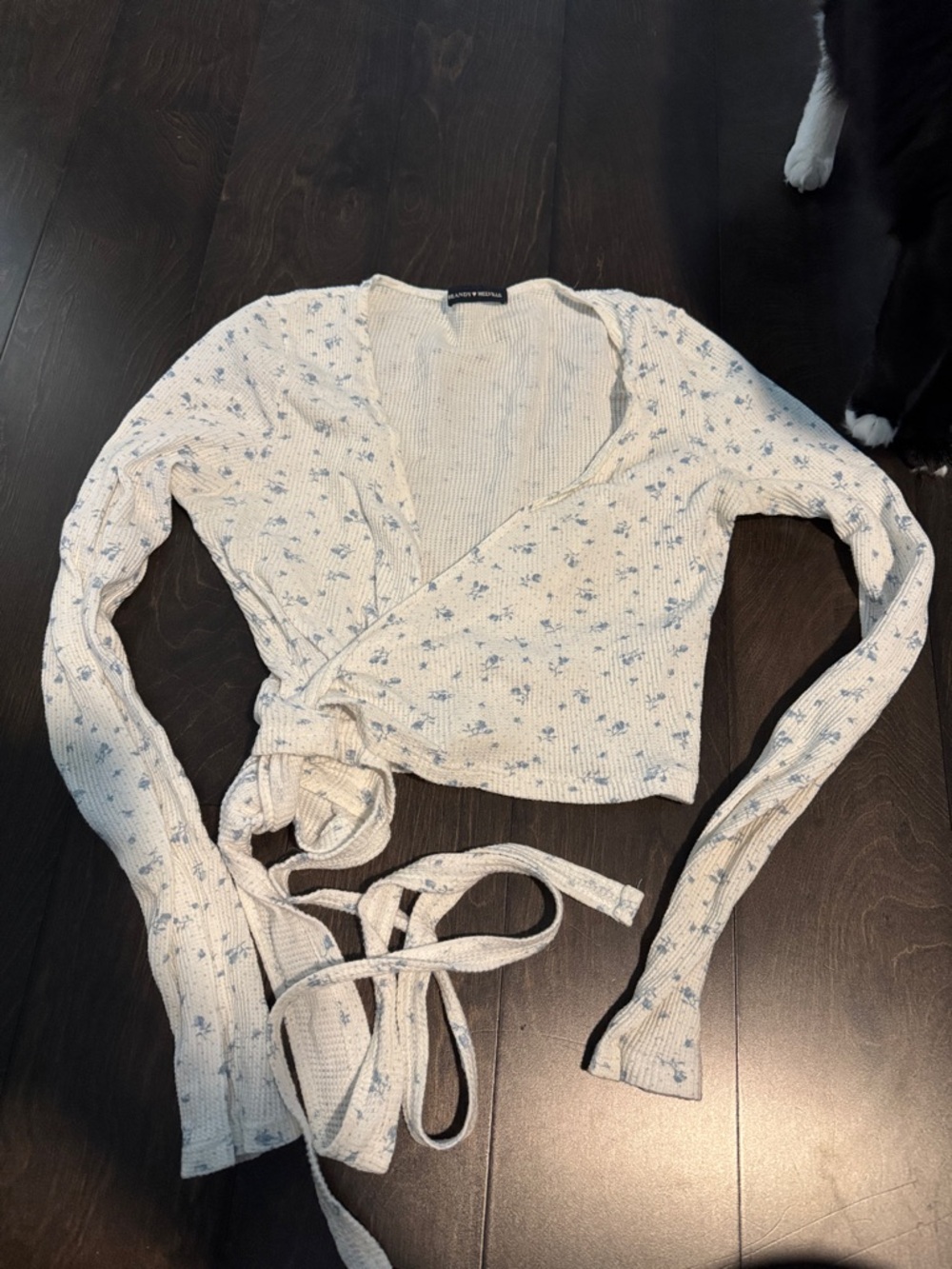 Brandy Melville Cream Ribbed Wrap Crop Top with Light Blue Floral Sprigs